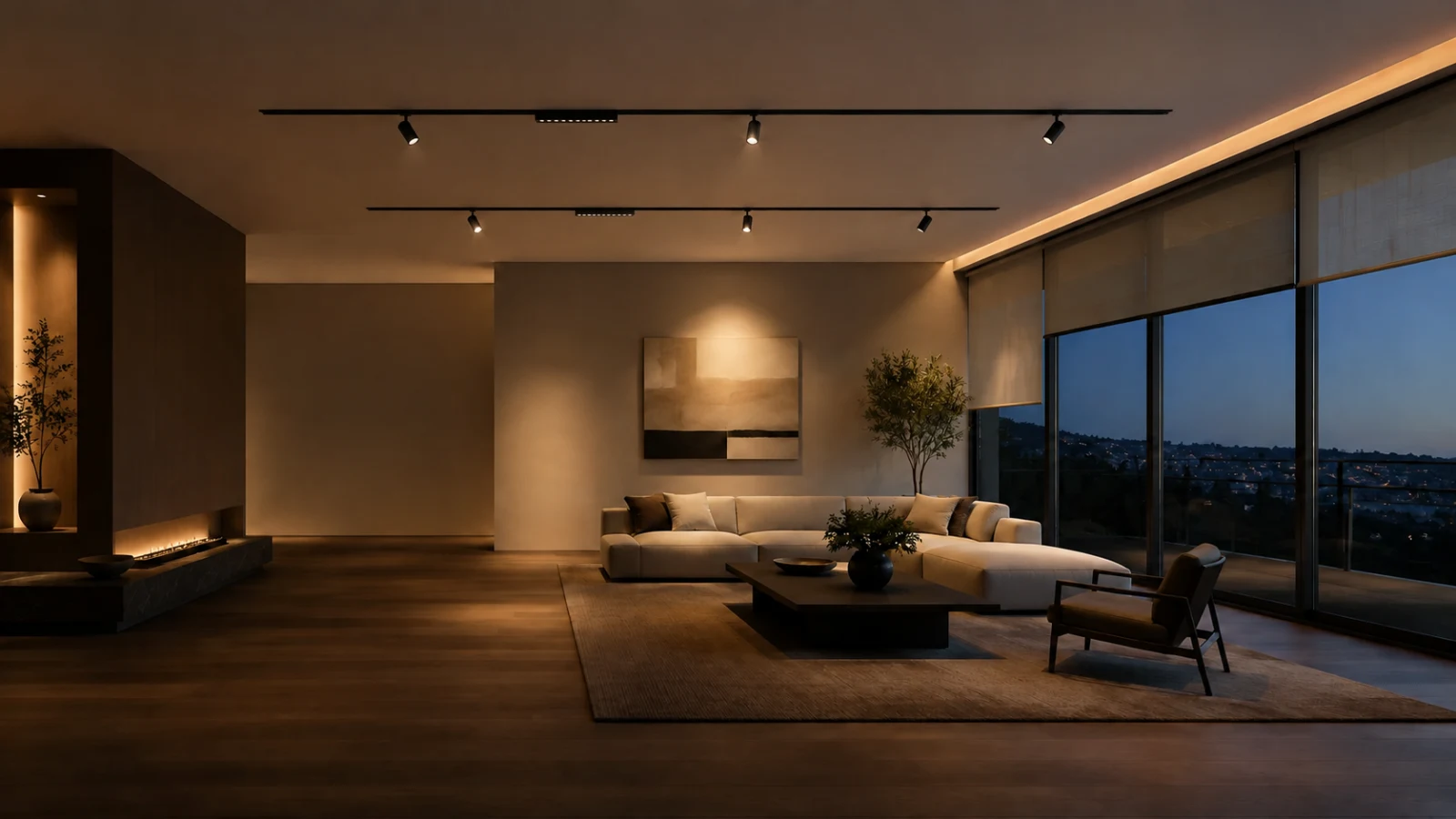 Warm contemporary living room using two magnetic tracks with adjustable spotlights and linear grille modules