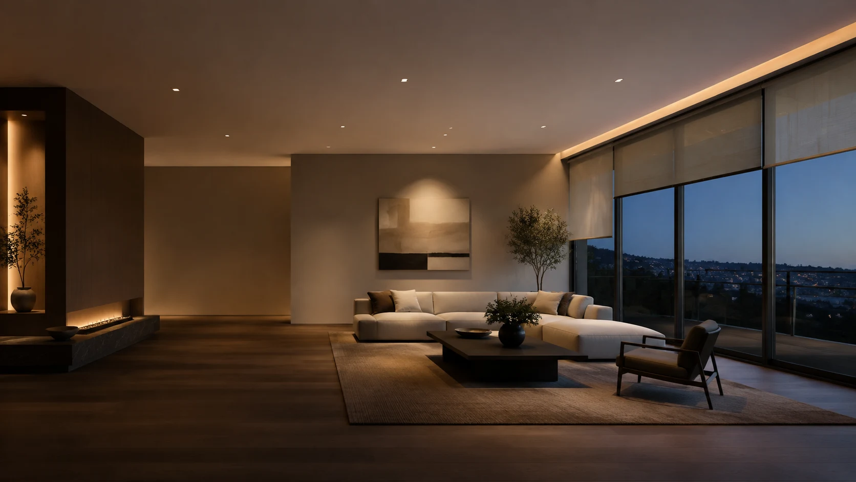 Warm living room composed with discreet recessed downlights and concealed architectural light